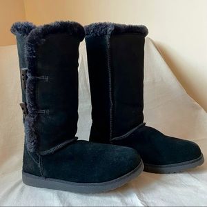 Black Faux Fur Suede Boots w/ Side Buttons - Sz 8